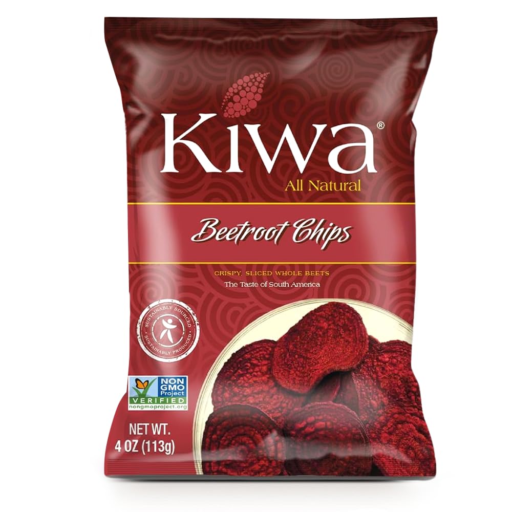 Non-hydrogenated palm oil label visible on Kiwa Beetroot Chips image.