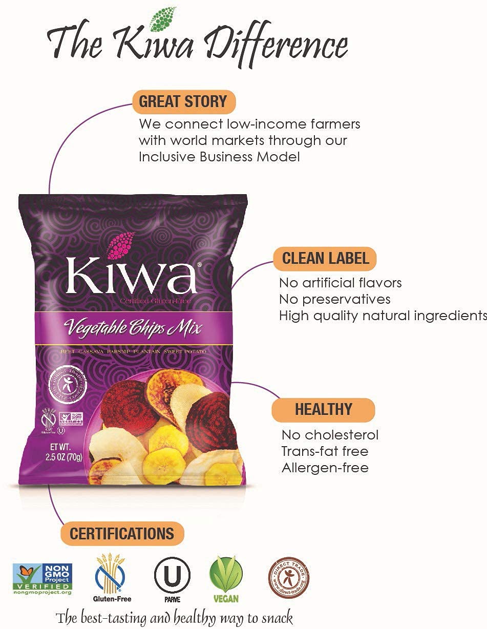 Kiwa Vegetable Chips Mix packaging shot emphasizes six bags ready to stock up