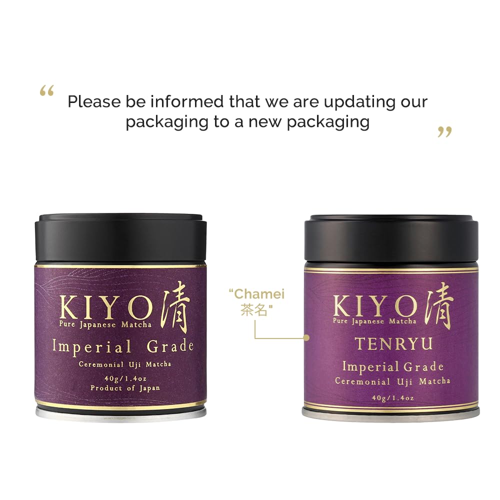 Kiyo Matcha ground ceremonial powder from a traditional stone mill with bright color.
