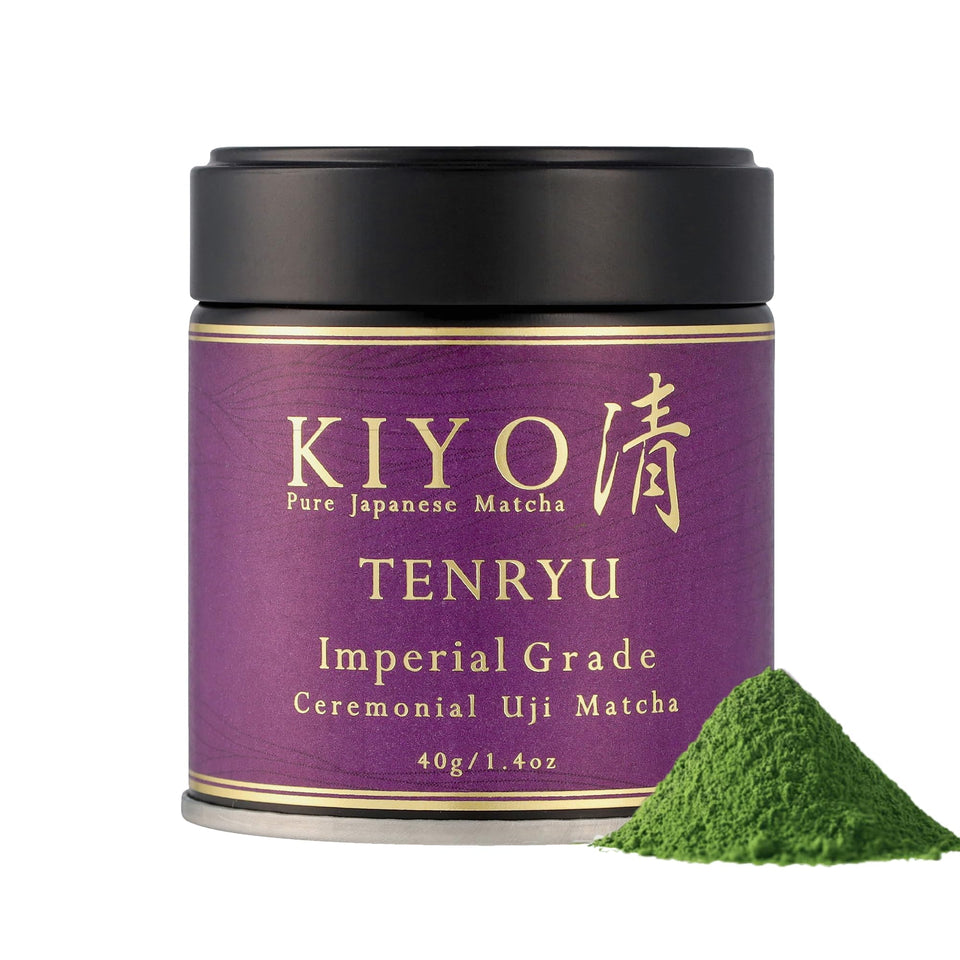 Kiyo Matcha Imperial Tenryu powder in tin for ceremonial tea and refined flavor.