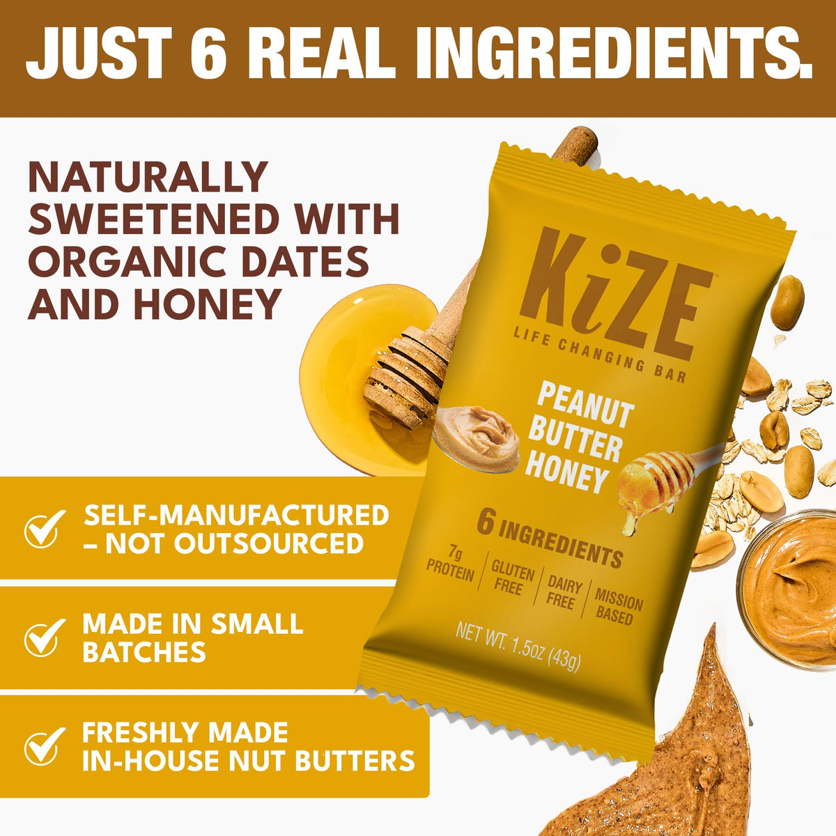 KiZE Energy Bars ingredients display highlights six real foods for clean nutrition.