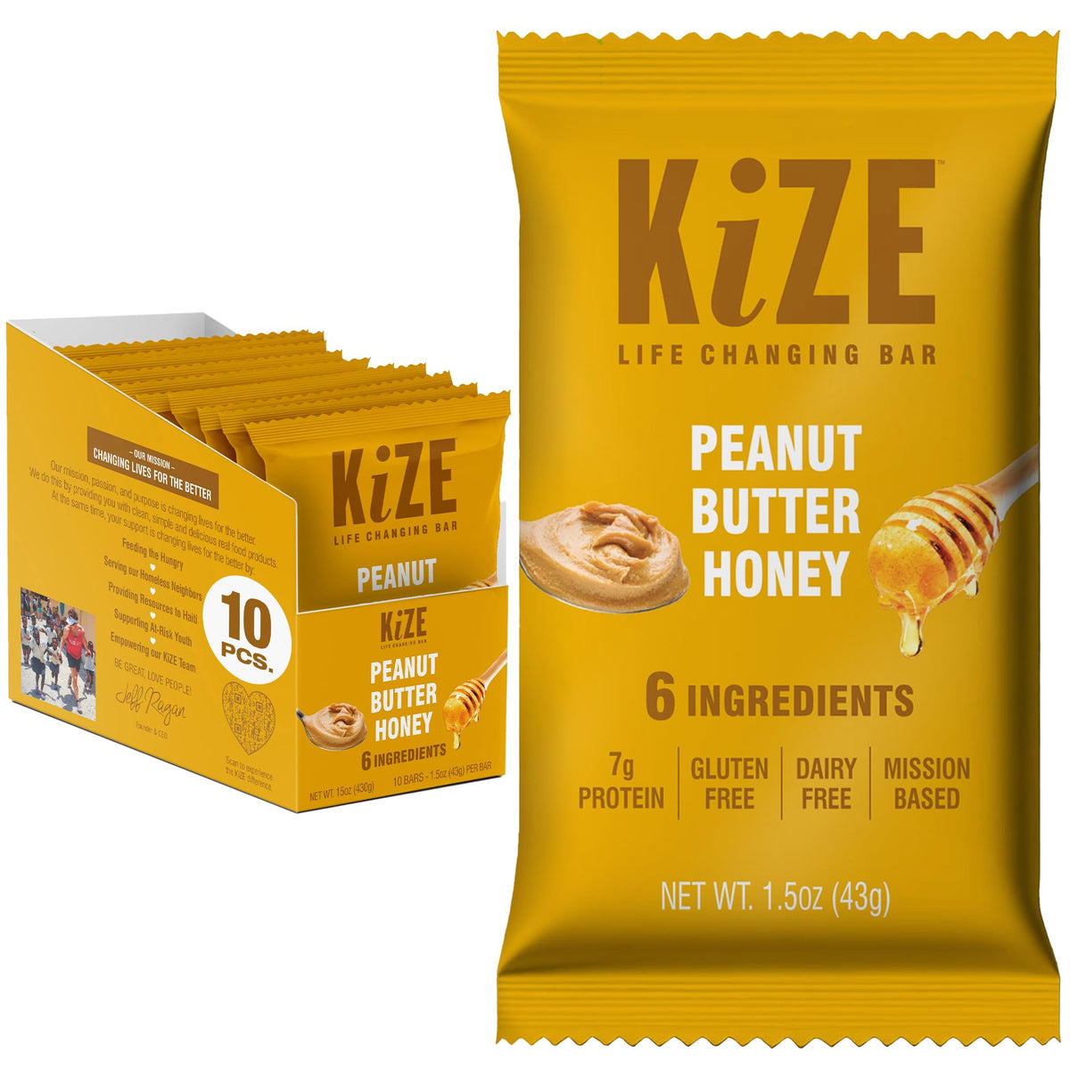 KiZE Energy Bars Peanut Butter Honey pack with clean ingredients for on-the-go snacking.