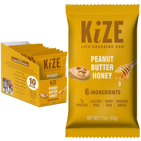 KiZE Energy Bars Peanut Butter Honey pack with clean ingredients for on-the-go snacking.