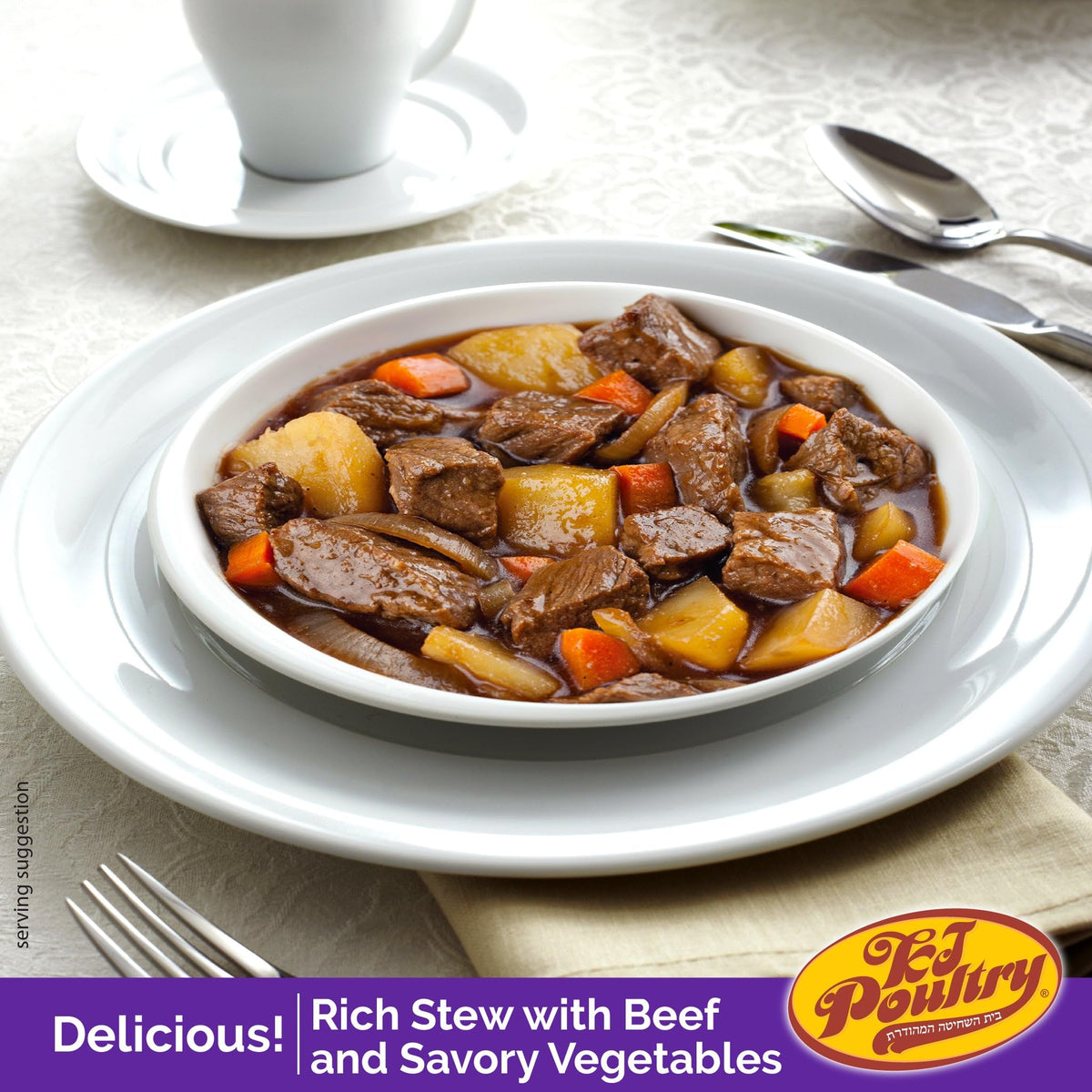KJ Poultry Beef Goulash with vegetables close-up showing hearty texture.
