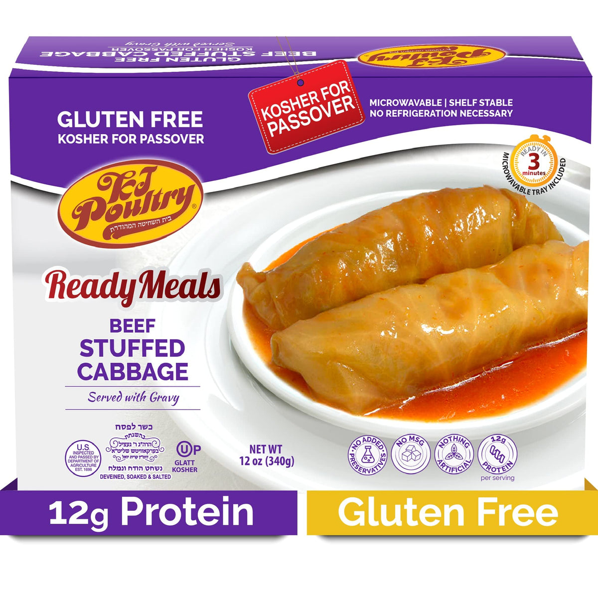 KJ Poultry beef stuffed cabbage roll in gravy on a plate, savory and ready to heat.
