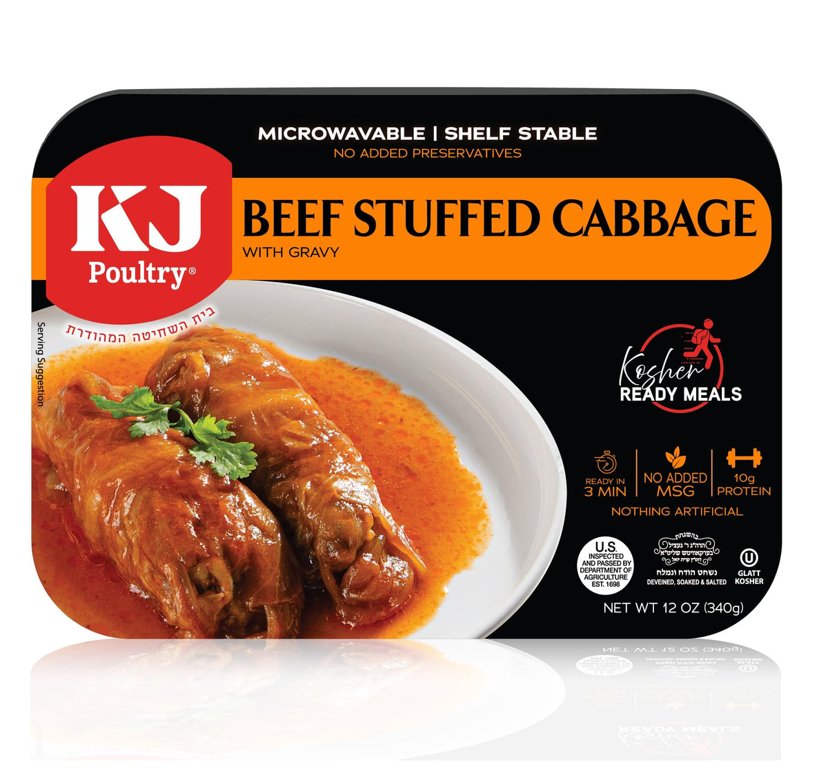 KJ Poultry beef stuffed cabbage rolls, ready-to-eat kosher meal.