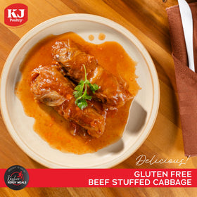KJ Poultry cabbage rolls in gravy on plate appetizing home-style meal