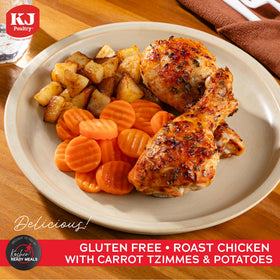 KJ Poultry plated roast chicken with potatoes and carrots, ready for a quick comforting meal