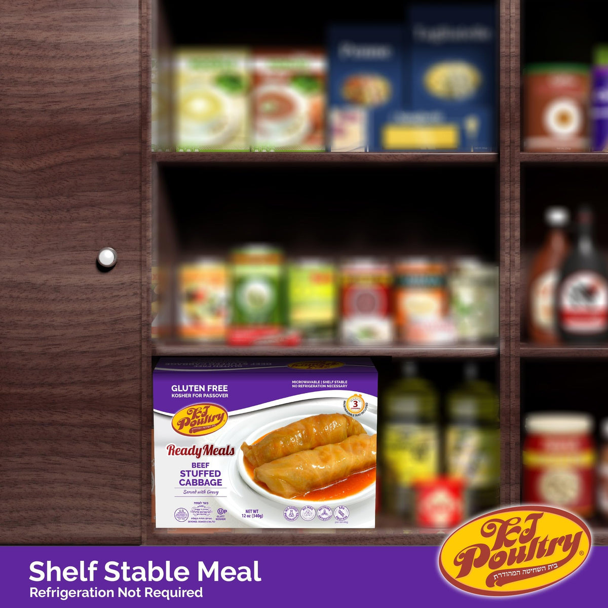 KJ Poultry shelf-stable tray highlighting long storage for emergencies.