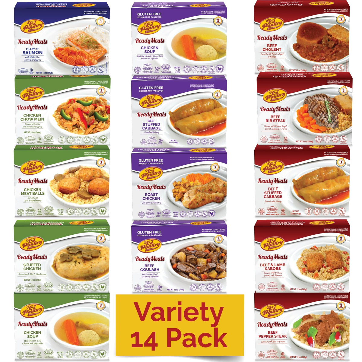 KJ Poultry variety pack front view, ready-to-serve kosher meals for easy dinners.