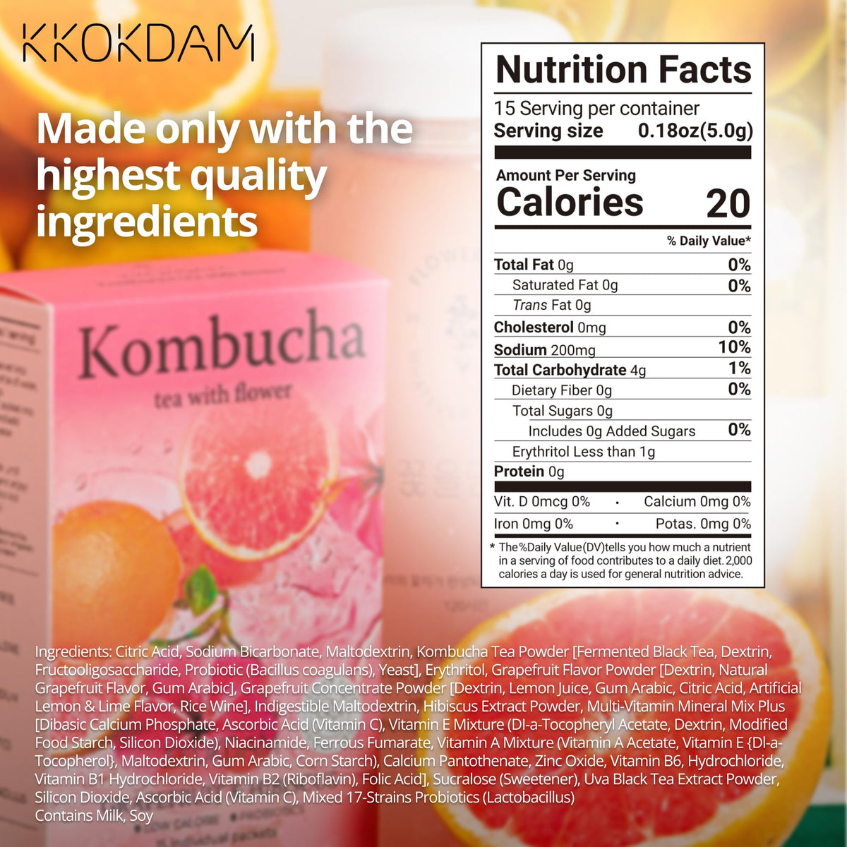 Organic KKOKDAM Grapefruit Hibiscus kombucha ingredients highlighting probiotic blend
