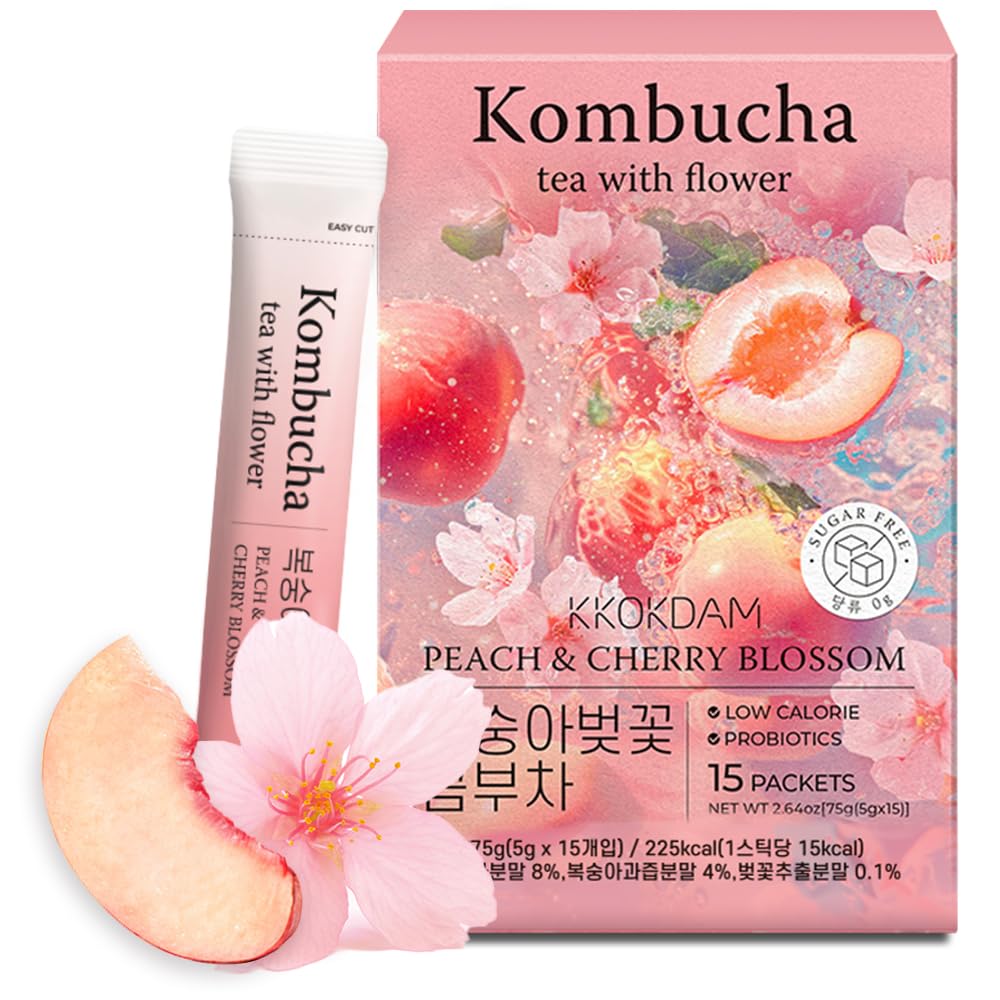 KKOKDAM Kombucha Tea Peach and Cherryblossom pack showing convenient sachets for on-the-go refreshment.