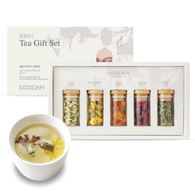 KKOKDAM Lovely Blossom glass jar display shows five fresh flower teas for gifting
