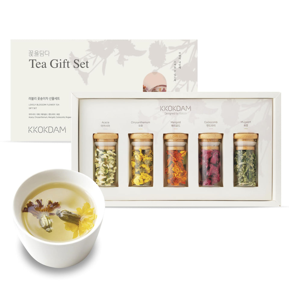 KKOKDAM Lovely Blossom glass jar display shows five fresh flower teas for gifting