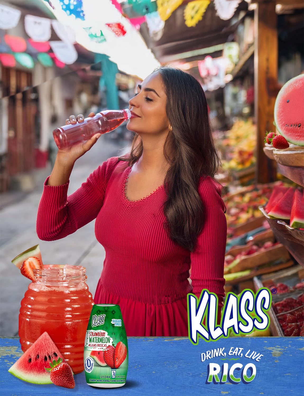 Klass Aguas Frescas fruity-flavor splash of strawberry-watermelon over ice.