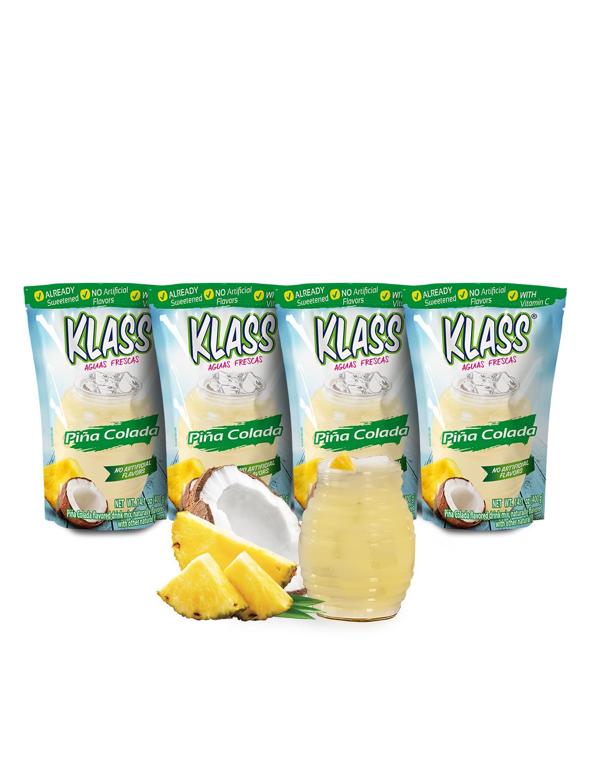 Klass Aguas Frescas Pina Colada powder drink mix adds tropical flavor to water for refreshing hydration.