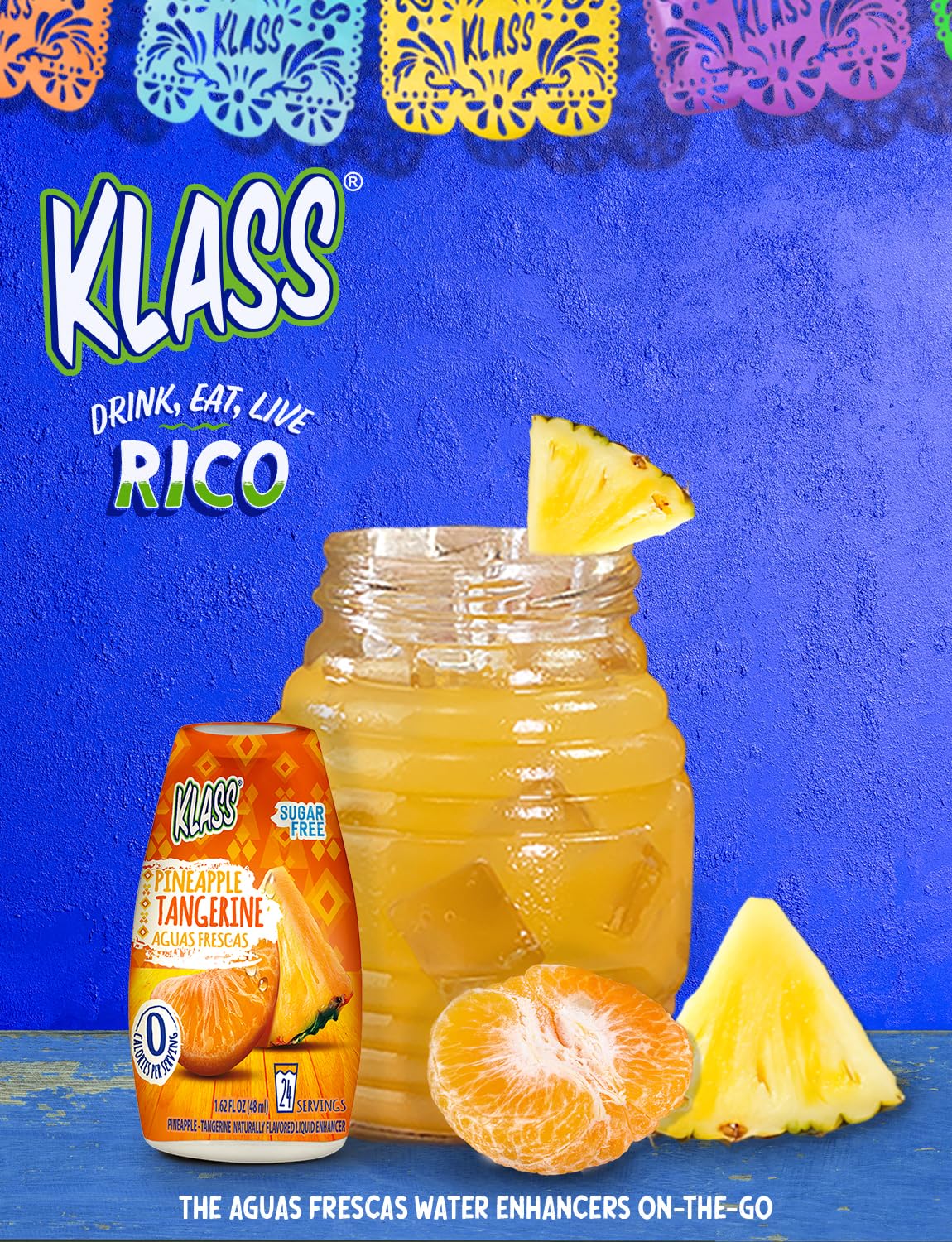Klass Aguas Frescas Pineapple Tangerine four-pack packaging highlights 96 servings.