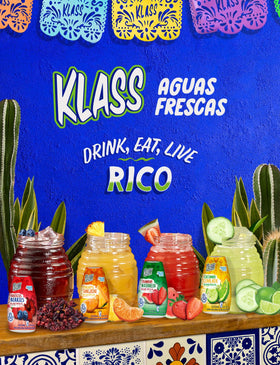 Klass Aguas Frescas Pineapple Tangerine bottle on kitchen counter ready to flavor water.