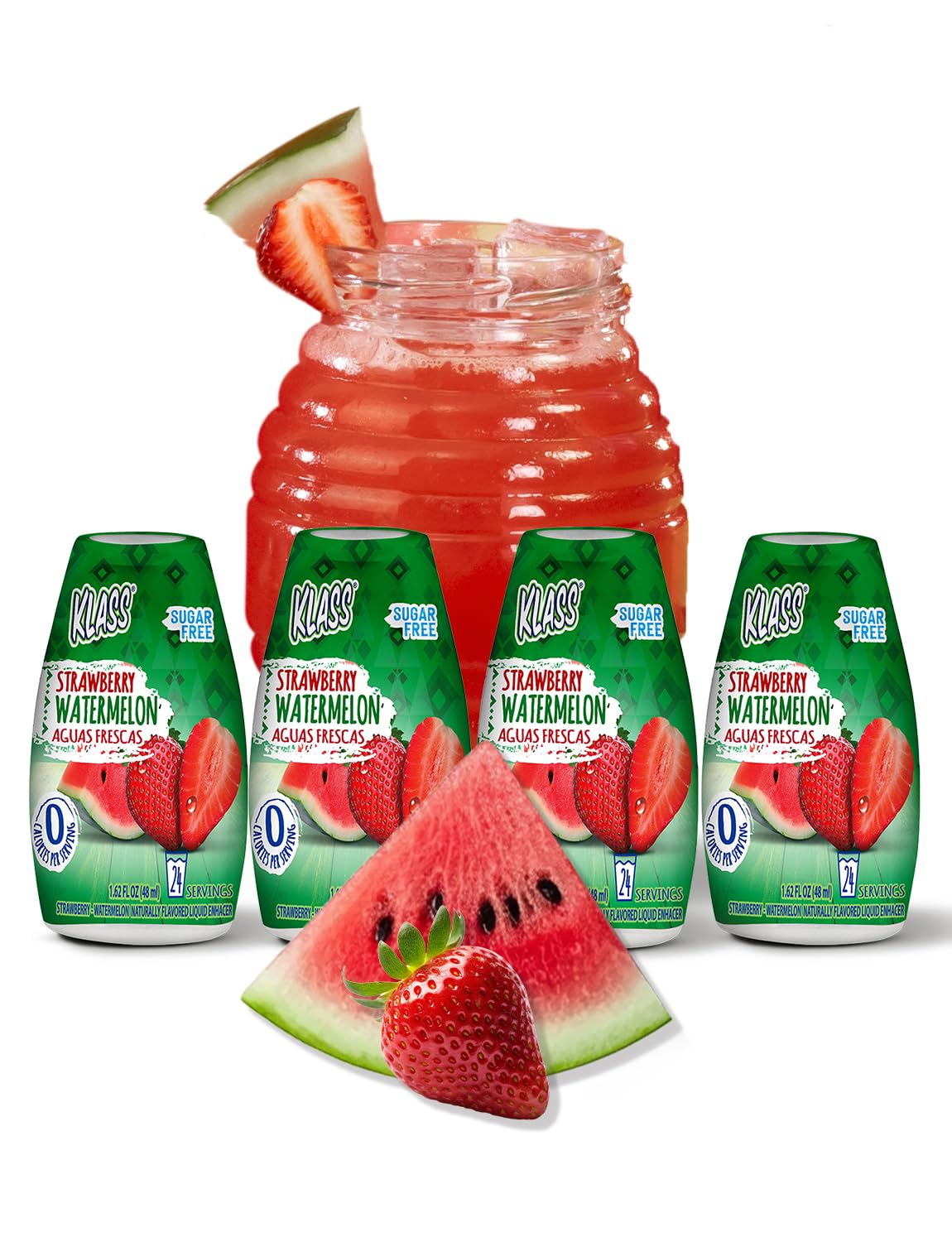 Klass Aguas Frescas bottle with strawberry-watermelon flavor for on-the-go hydration and zero calories.