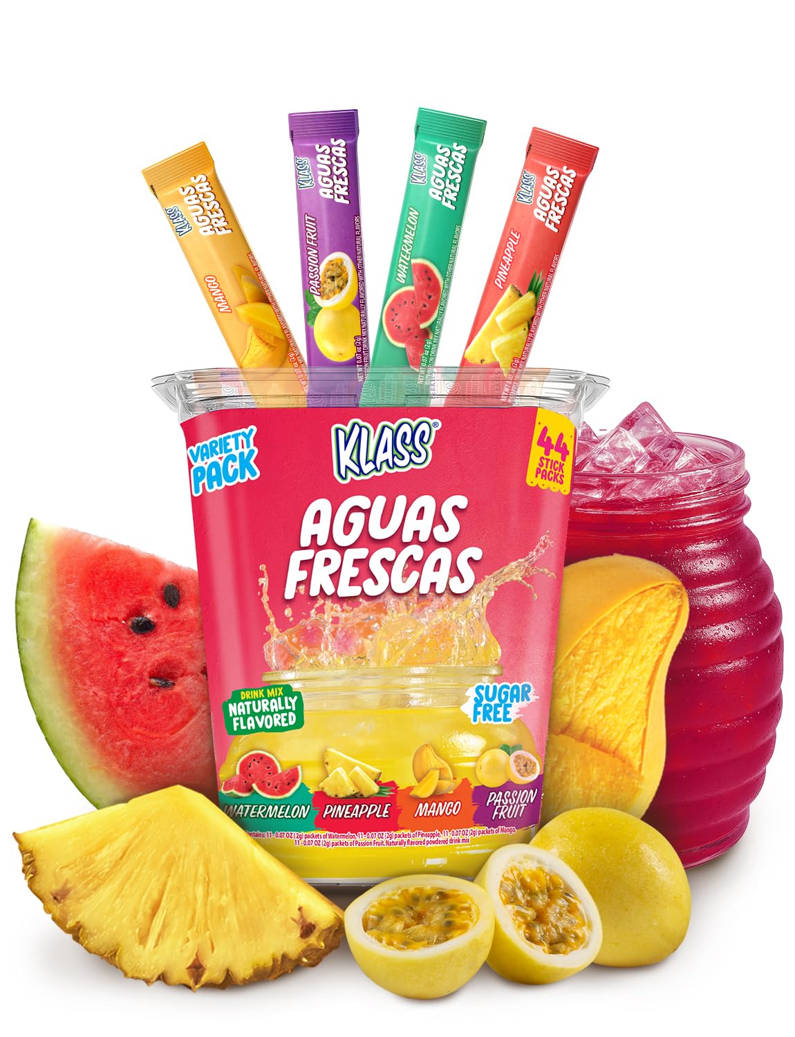 Klass Aguas Frescas variety pack box with four flavors and 44 single-serve packets