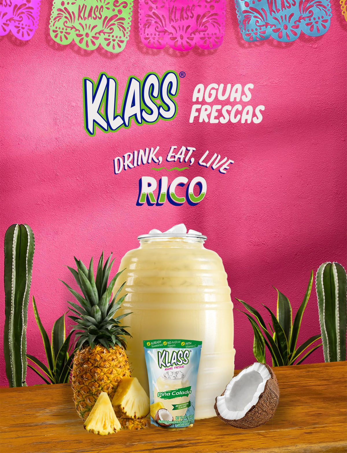 Powder is mixed into water to create a tropical, refreshing drink.