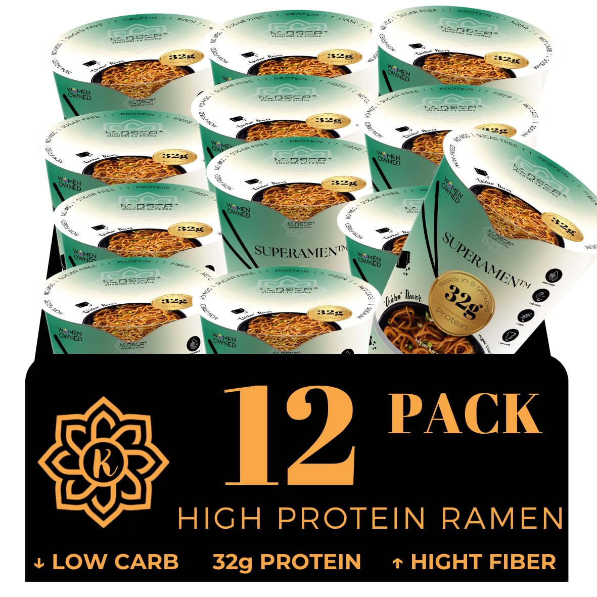 KLDSCP High Protein ramen packaging emphasizes plant-based chicken flavor with protein for workouts.