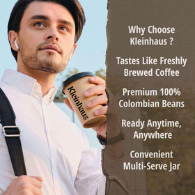 Kleinhaus Freeze-dried coffee powder dissolving in hot water for aroma.