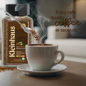 Kleinhaus Nano Instant Coffee being poured into a cup for easy prep.