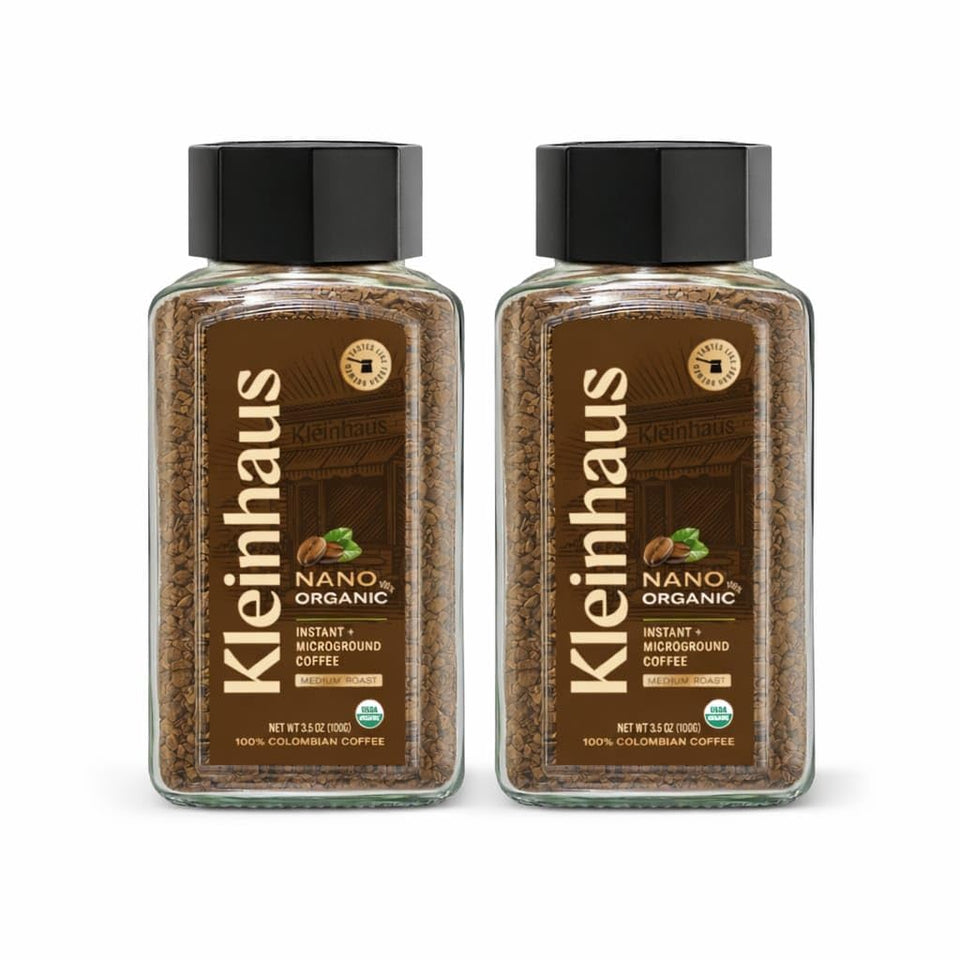 Kleinhaus Organic Medium Roast Nano Instant Coffee jars front view for quick fresh mornings.