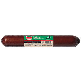 Klement's Garlic Summer Sausage packaging, hardwood smoked, ideal for picnics.