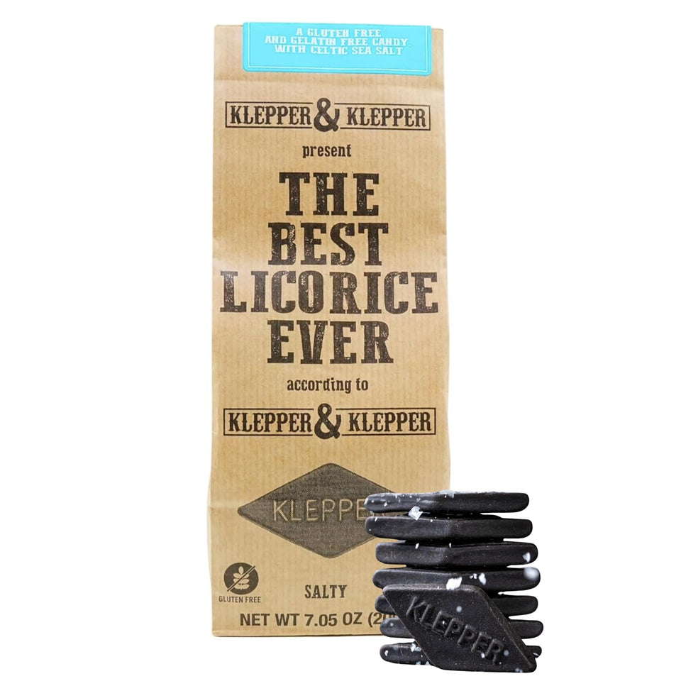 Klepper & Klepper salty Dutch licorice 7oz bag with bold savory flavor.