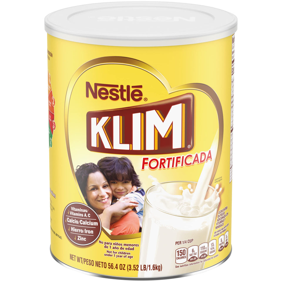 KLIM Prebio powdered milk can front displaying fortification for family nutrition