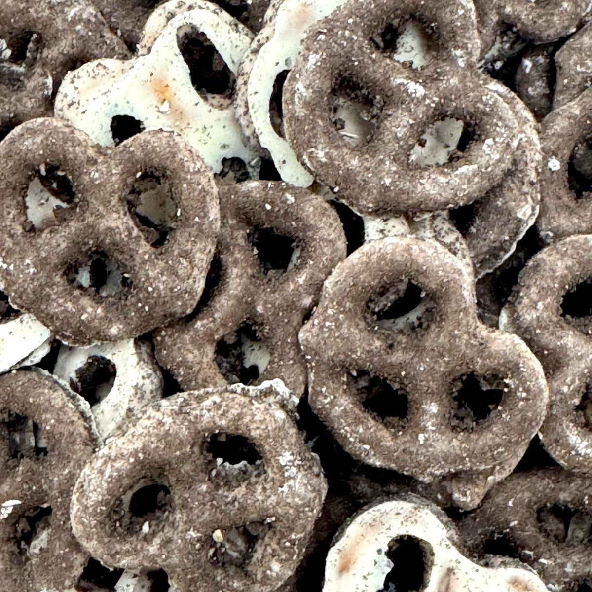KLUB BULK cookies-n-cream dipped pretzels 1lb package; resealable for fresh snacking anytime.