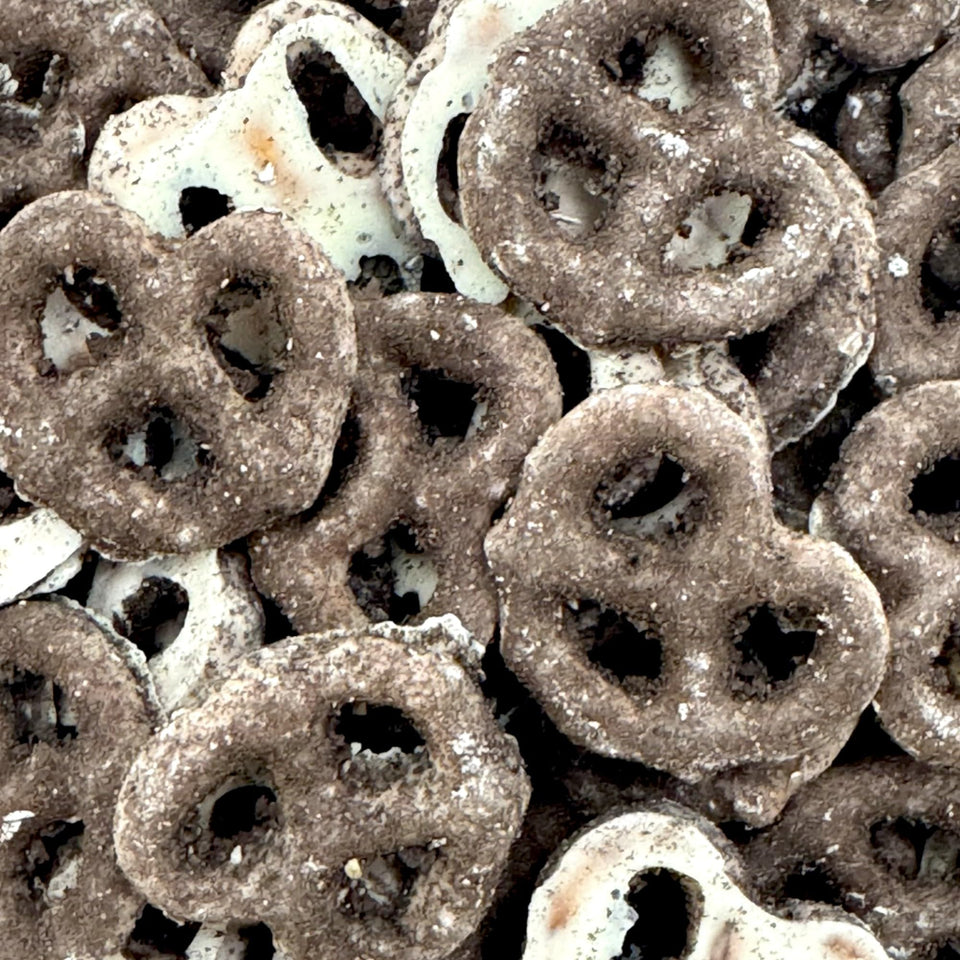 KLUB BULK cookies-n-cream dipped pretzels 1lb package; resealable for fresh snacking anytime.