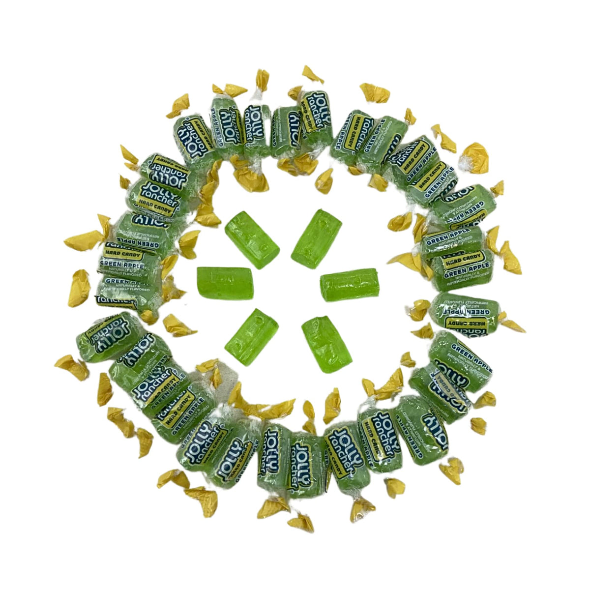 Front view of green apple candy bag highlighting premium packaging and freshness