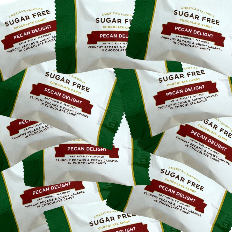 KLUB BULK Sugar Free Chocolate Pecan Delight 1lb pack showing rich chocolate and pecans for guilt-free snacking.