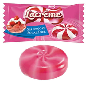 Close-up of La Creme sugar-free candy showing tangy strawberry and creamy texture