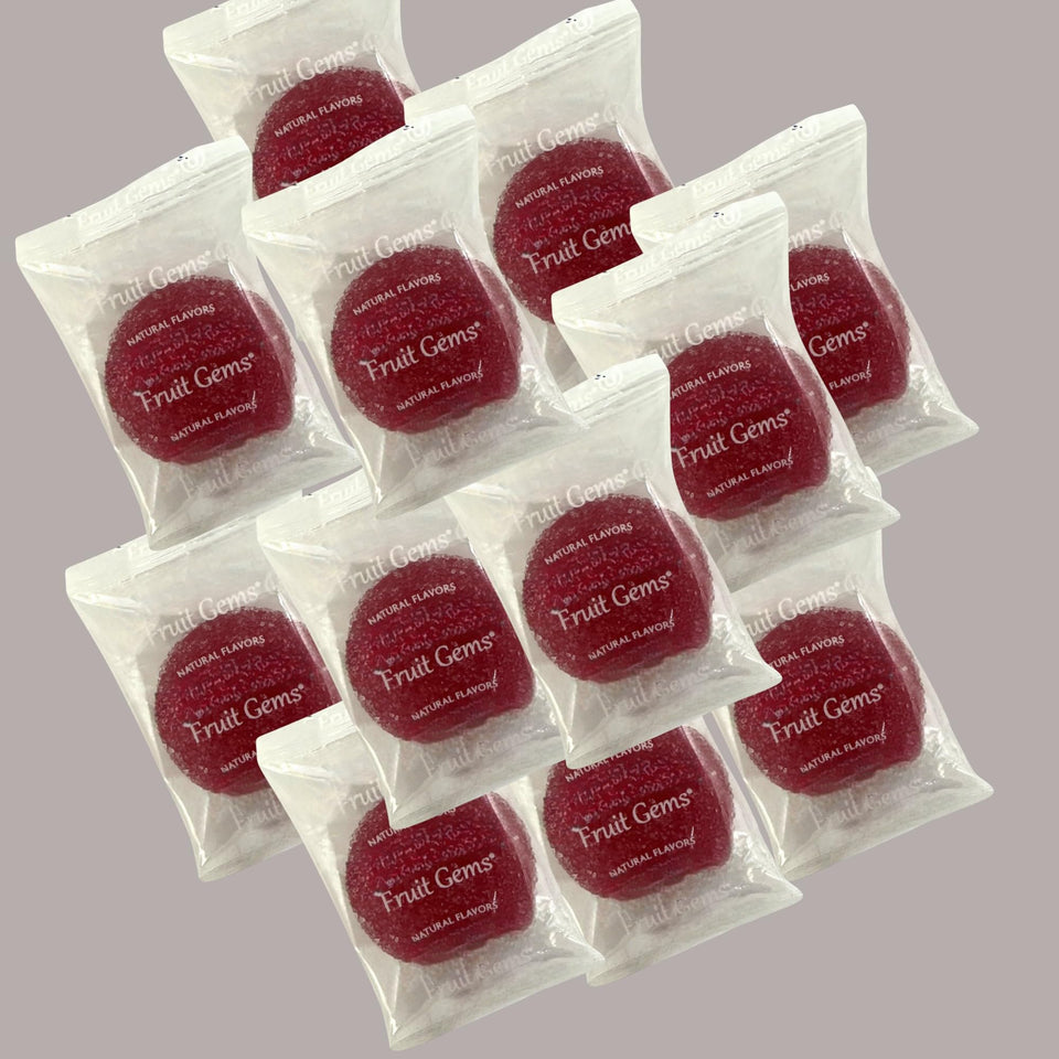 KLUB BULK raspberry fruit gems, individually wrapped for sharing and on-the-go snacking.