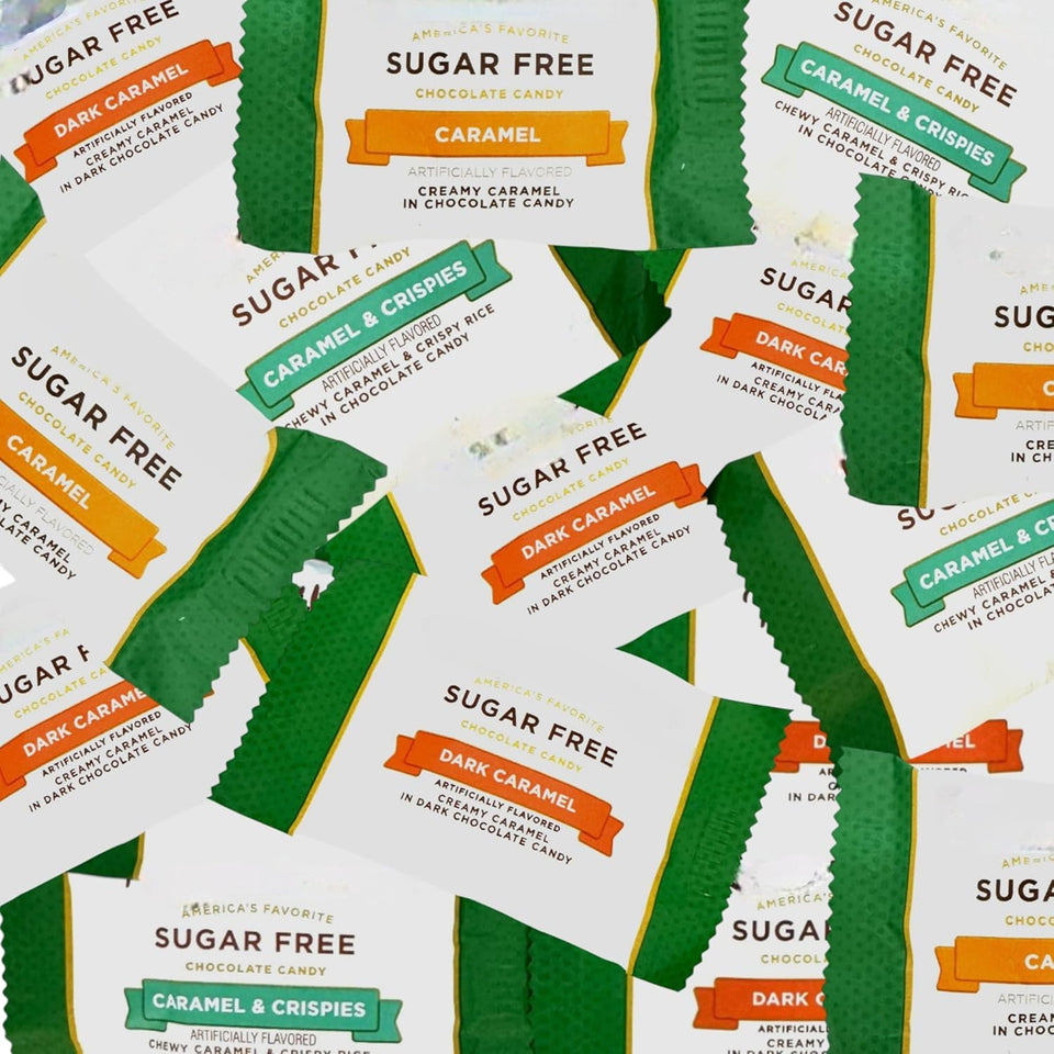 KLUB BULK sugarfree chocolate caramel assortment 1lb showcasing rich cocoa, silky caramel, and varied textures.