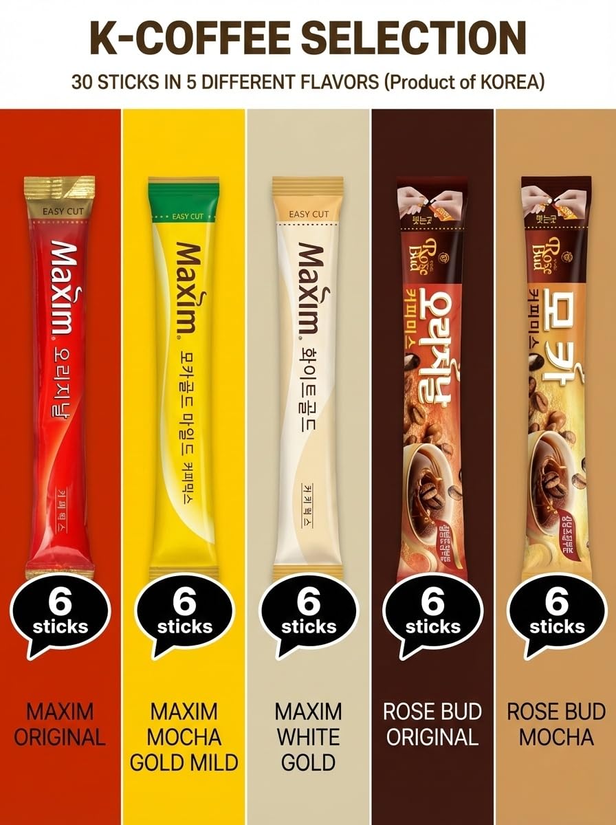 KMOAMOA five-flavor coffee pack showing Maxim Original, Mocha Gold, White Gold, Rosebud Mocha, Original.