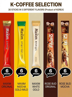KMOAMOA five-flavor coffee pack showing Maxim Original, Mocha Gold, White Gold, Rosebud Mocha, Original.