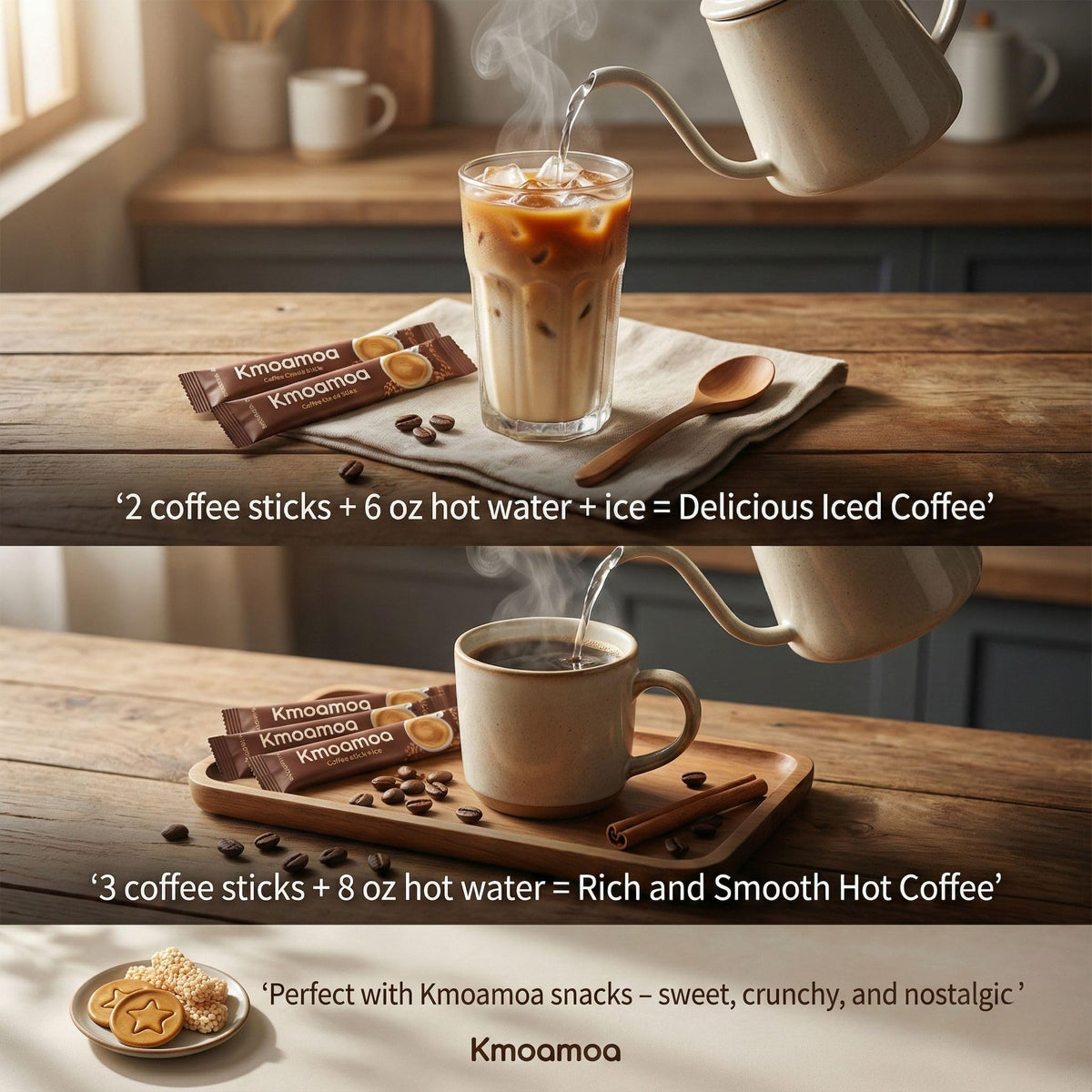 KMOAMOA single-serve coffee packets ideal for quick, mess-free brews.