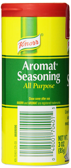 Knorr Aromat seasoning jar closeup shows savory blend for soups and meats.