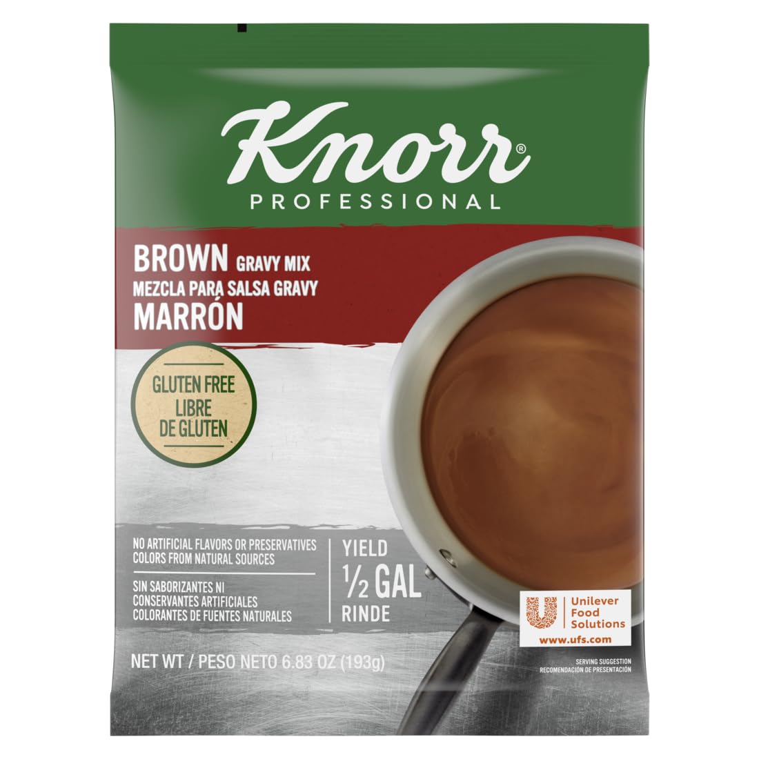 Knorr Brown Gravy Mix pack shown with serving ideas for roasts and sides
