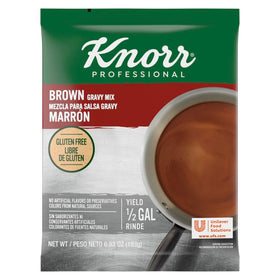 Knorr Brown Gravy Mix pack shown with serving ideas for roasts and sides