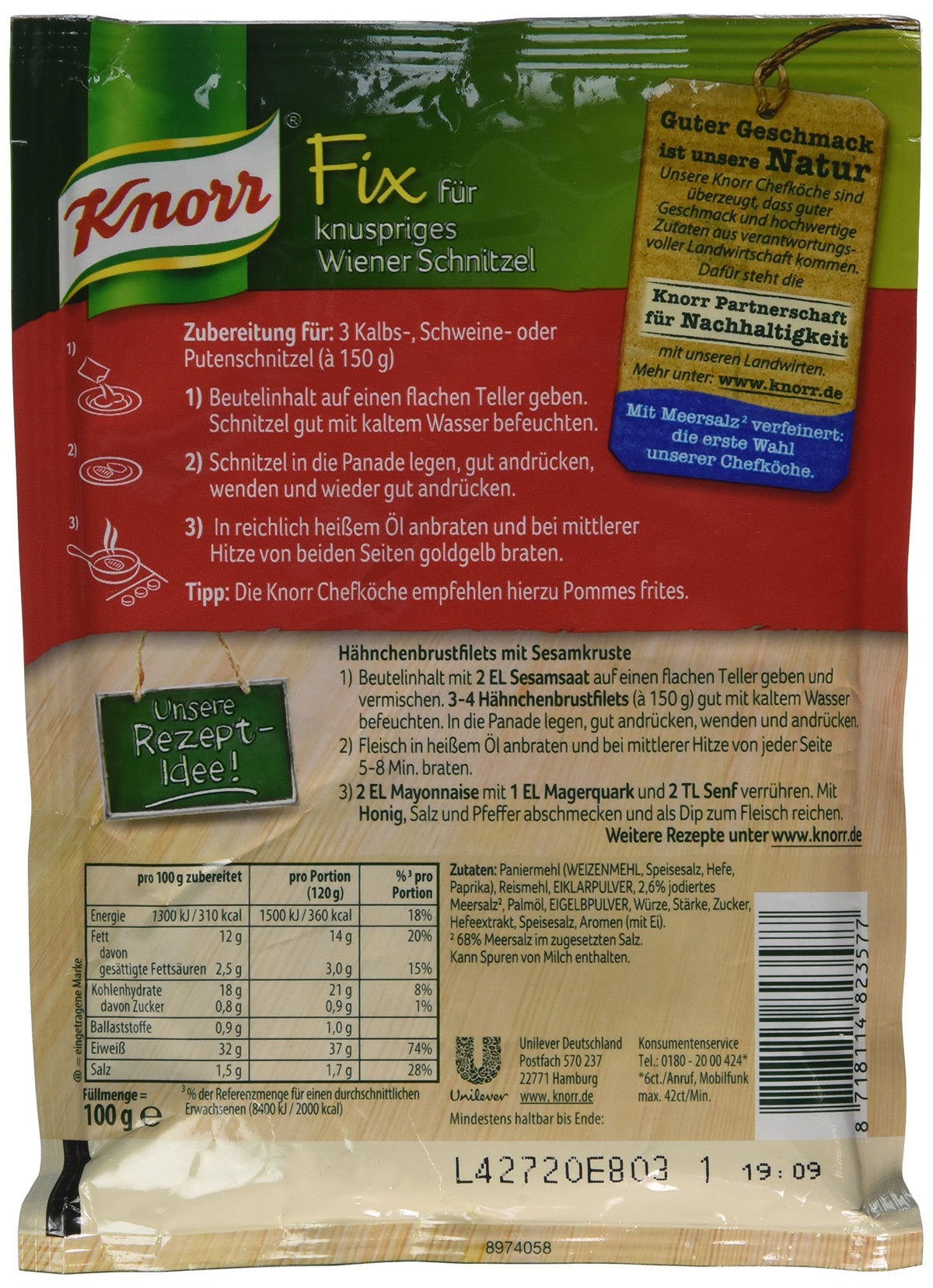 Knorr Fix Wiener Schnitzel coating being prepared for pork, veal, or chicken at home.