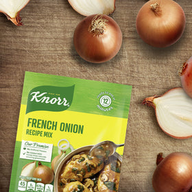 Knorr French Onion Soup Mix in a bowl, ready to serve aroma rising.