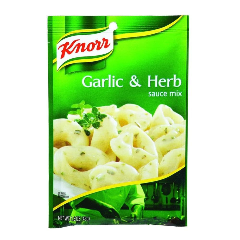 Knorr Garlic Herb Sauce jar highlighting garlicky herb blend for pasta or fish