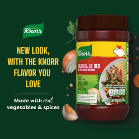 Knorr granulated beef bouillon steaming bowl suggesting rich broth flavor