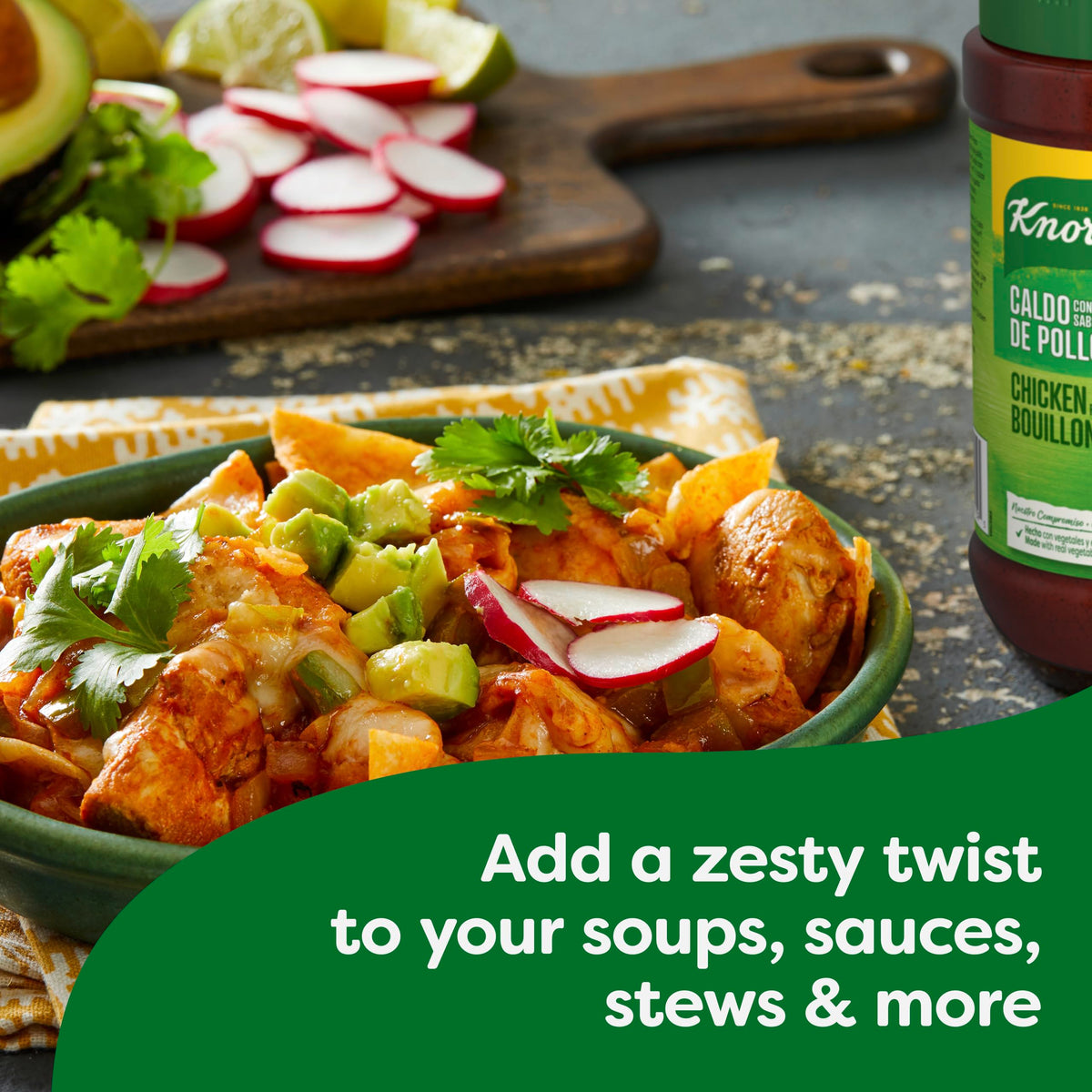 Knorr granules dissolving in hot water for quick chicken flavor.